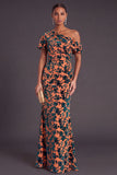 Blue Floral Velvet Ruched Long One Shoulder Mermaid Formal Dress