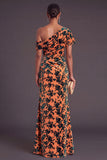 Blue Floral Velvet Ruched Long One Shoulder Mermaid Formal Dress