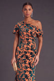Blue Floral Velvet Ruched Long One Shoulder Mermaid Formal Dress