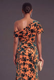 Blue Floral Velvet Ruched Long One Shoulder Mermaid Formal Dress