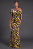 Blue Floral Velvet Ruched Long One Shoulder Mermaid Formal Dress