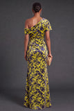 Blue Floral Velvet Ruched Long One Shoulder Mermaid Formal Dress