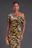 Blue Floral Velvet Ruched Long One Shoulder Mermaid Formal Dress