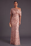 Sparkly Sequins Dusty Rose Floral Ruched One Shoulder Long Formal Dress