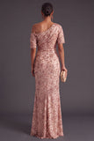 Sparkly Sequins Dusty Rose Floral Ruched One Shoulder Long Formal Dress