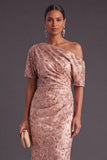 Sparkly Sequins Dusty Rose Floral Ruched One Shoulder Long Formal Dress