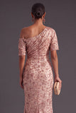 Sparkly Sequins Dusty Rose Floral Ruched One Shoulder Long Formal Dress