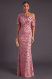 Sparkly Sequins Dusty Rose Floral Ruched One Shoulder Long Formal Dress
