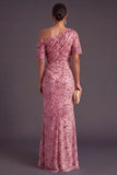 Sparkly Sequins Dusty Rose Floral Ruched One Shoulder Long Formal Dress