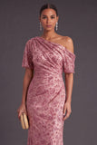 Sparkly Sequins Dusty Rose Floral Ruched One Shoulder Long Formal Dress