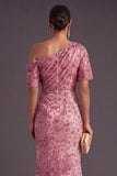 Sparkly Sequins Dusty Rose Floral Ruched One Shoulder Long Formal Dress