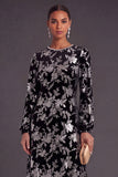 Fuchsia Floral Round Neck A-Line Midi Formal Dress with Rhinestone