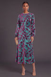 Fuchsia Floral Round Neck A-Line Midi Formal Dress with Rhinestone