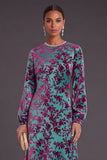 Fuchsia Floral Round Neck A-Line Midi Formal Dress with Rhinestone