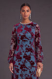 Fuchsia Floral Round Neck A-Line Midi Formal Dress with Rhinestone