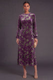Fuchsia Floral Round Neck A-Line Midi Formal Dress with Rhinestone