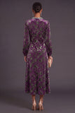 Fuchsia Floral Round Neck A-Line Midi Formal Dress with Rhinestone