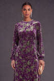 Fuchsia Floral Round Neck A-Line Midi Formal Dress with Rhinestone