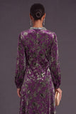 Fuchsia Floral Round Neck A-Line Midi Formal Dress with Rhinestone