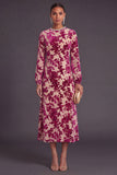 Fuchsia Floral Round Neck A-Line Midi Formal Dress with Rhinestone