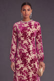 Fuchsia Floral Round Neck A-Line Midi Formal Dress with Rhinestone