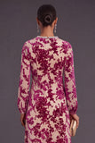 Fuchsia Floral Round Neck A-Line Midi Formal Dress with Rhinestone