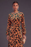 Fuchsia Floral Round Neck A-Line Midi Formal Dress with Rhinestone