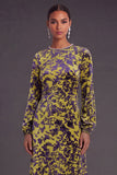 Fuchsia Floral Round Neck A-Line Midi Formal Dress with Rhinestone