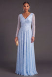 Sparkly Dark Purple V-Neck A-Line Long Formal Dress with Sleeves