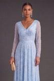 Sparkly Dark Purple V-Neck A-Line Long Formal Dress with Sleeves