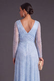Sparkly Dark Purple V-Neck A-Line Long Formal Dress with Sleeves