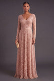 Sparkly Dark Purple V-Neck A-Line Long Formal Dress with Sleeves