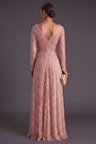 Sparkly Dark Purple V-Neck A-Line Long Formal Dress with Sleeves
