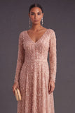Sparkly Dark Purple V-Neck A-Line Long Formal Dress with Sleeves