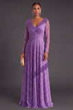 Sparkly Dark Purple V-Neck A-Line Long Formal Dress with Sleeves