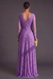 Sparkly Dark Purple V-Neck A-Line Long Formal Dress with Sleeves