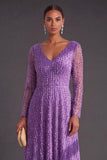 Sparkly Dark Purple V-Neck A-Line Long Formal Dress with Sleeves