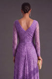 Sparkly Dark Purple V-Neck A-Line Long Formal Dress with Sleeves