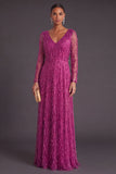 Sparkly Dark Purple V-Neck A-Line Long Formal Dress with Sleeves
