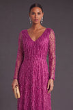 Sparkly Dark Purple V-Neck A-Line Long Formal Dress with Sleeves