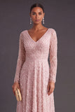 Sparkly Dark Purple V-Neck A-Line Long Formal Dress with Sleeves