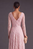Sparkly Dark Purple V-Neck A-Line Long Formal Dress with Sleeves