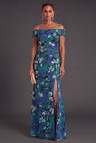 Green Floral Off the Shoulder Ruched Mermaid Long Formal Dress with Slit