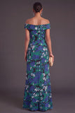 Green Floral Off the Shoulder Ruched Mermaid Long Formal Dress with Slit