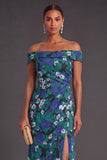Green Floral Off the Shoulder Ruched Mermaid Long Formal Dress with Slit