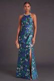 Sparkly Green Floral Round Neck Ruched Mermaid Long Formal Dress with Rhinestone