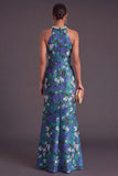 Sparkly Green Floral Round Neck Ruched Mermaid Long Formal Dress with Rhinestone