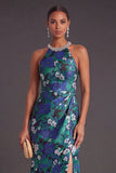 Sparkly Green Floral Round Neck Ruched Mermaid Long Formal Dress with Rhinestone
