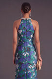 Sparkly Green Floral Round Neck Ruched Mermaid Long Formal Dress with Rhinestone