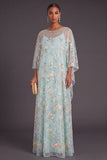 Saprkly Sequins Green Floral Boat Neck A-Line Long Formal Dress